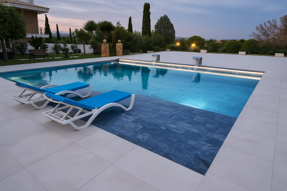 Zona exterior con piscina integrada y salón chill out Zona exterior con piscina integrad